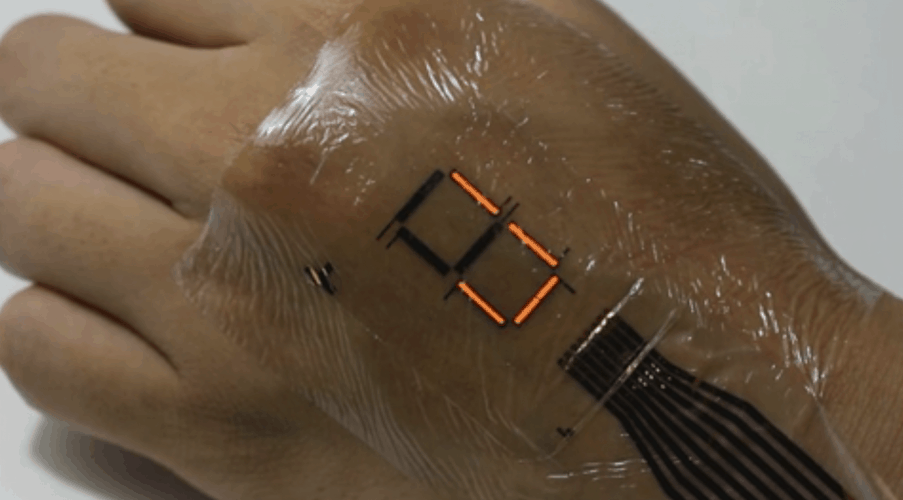 The e-skin could be used to display medical information. (Credit: Someya Laboratory)