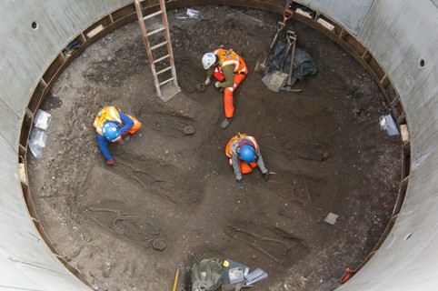 Excavation of a grouting shaft at Charterhouse square uncovered a black death burial pit