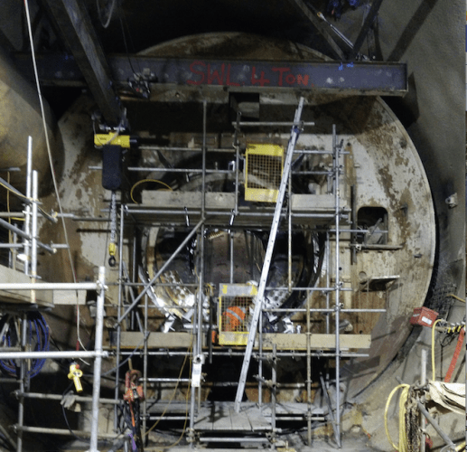 The cutter head of TBM Elizabeth, which is slowly being broken apart and removed from the tunnel. 
