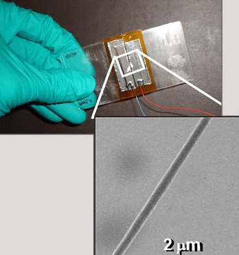 Fibre nanogenerator on a plastic substrate created by UC Berkeley scientists.