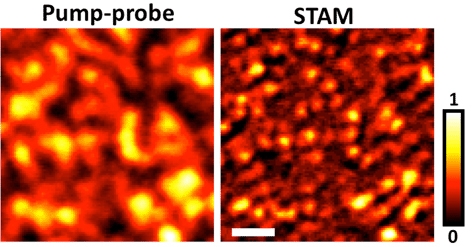 A new type of super-resolution optical microscopy takes a high-resolution image (at right) of graphite ‘nanoplatelets’ about 100nm wide. The imaging system, saturated transient absorption microscopy (STAM), uses a trio of laser beams and represents a prac