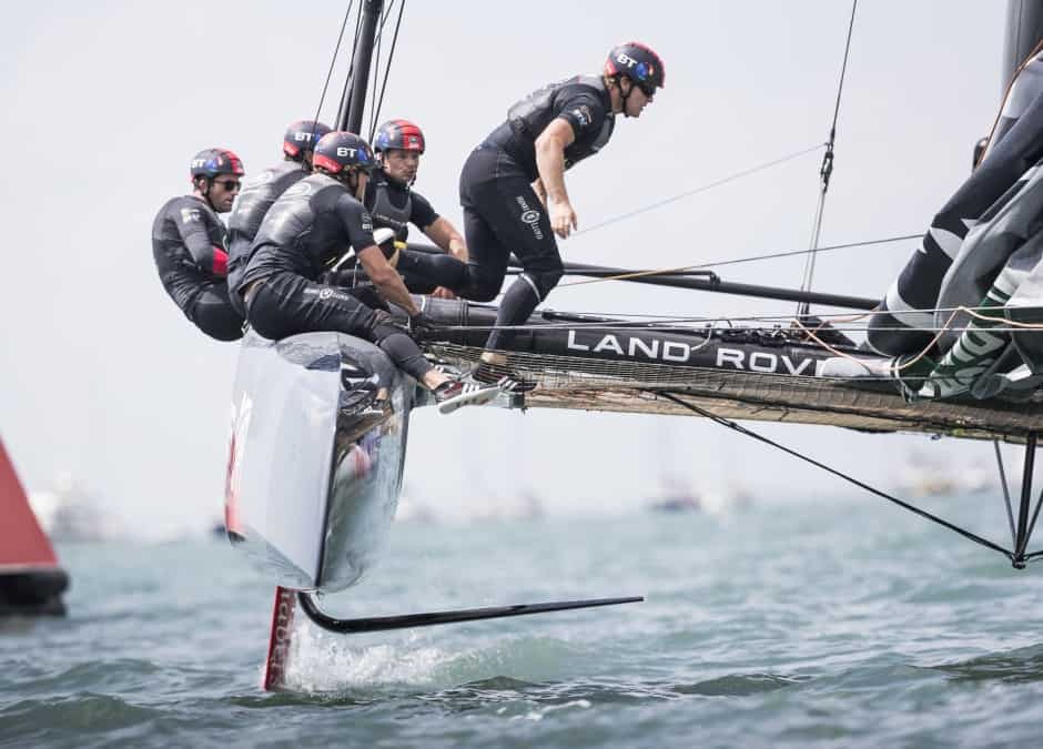 PORTSMOUTH, UNITED KINGDOM. July 22nd : British challenger to the 35th America’s Cup, Land Rover BAR skippered by Ben Ainslie shown here in action on the practice day close to the shore. The 35th America's Cup Louis Vuitton World Series in Portsmouth, Photo by Lloyd Images