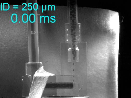 Nanoparticles form in a 3-D-printed microfluidic channel. (Credit: Richard Brutchey and Noah Malmstadt/USC)