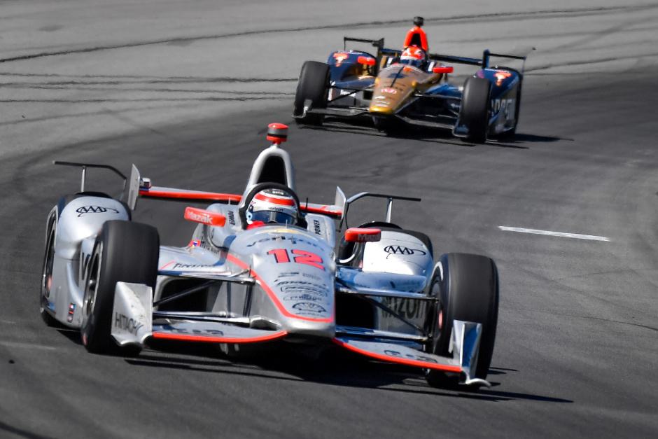 Will Power, driver of the #12 Verizon Team Penske Chevrolet IndyCar V6, races to victory Monday, August 22, 2016, winning the Verizon IndyCar Series race at Pocono Raceway in Long Pond, Pennsylvania. The victory puts Power in second place in the driver's standings, trailing Team Penske Chevrolet teammate Simon Pagenaud by 20 points. Rain forced the postponement of Sunday's race until Monday. (Photo by Scott R. LePage/LAT for Chevy Racing)