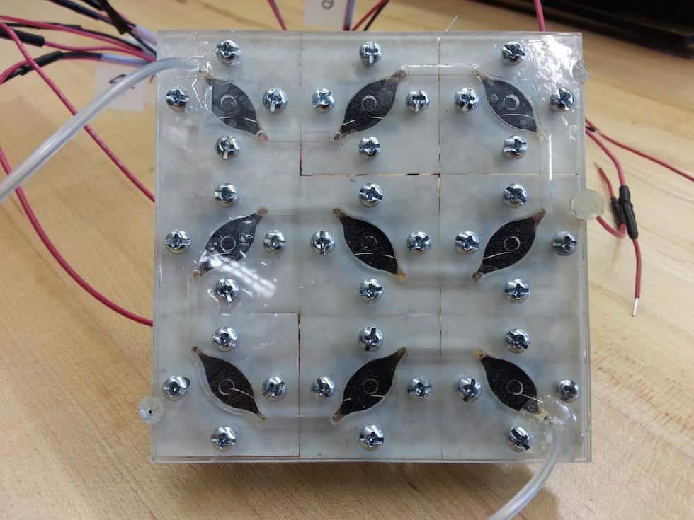 Nine bio-solar cells connected into a bio-solar panel. The panel has generated the most wattage of any existing small-scale bio-solar cells - 5.59 microwatts. Credit: Seokheun "Sean" Choi