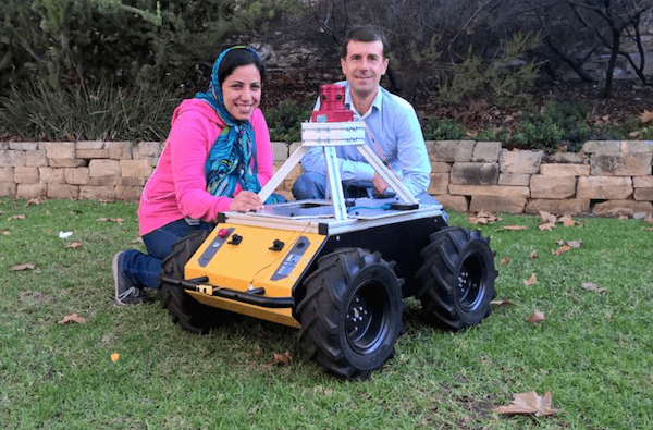 University of Adelaide Ph.D. student Zahra Bagheri and supervisor Professor Benjamin Cazzolato (School of Mechanical Engineering) with the robot under development. The robot features a vision system using algorithms based on insect vision
