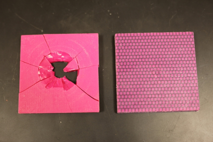 The geometry with the conch-like, criss-crossed features (right) was substantially better at preventing cracks (Photo: Melanie Gonick/MIT)