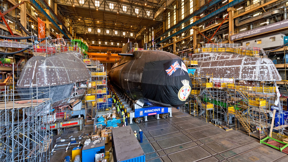 HMS Audacious, the fourth Astute class submarine,  prepares to leave Barrow's Devonshire Dock Hall