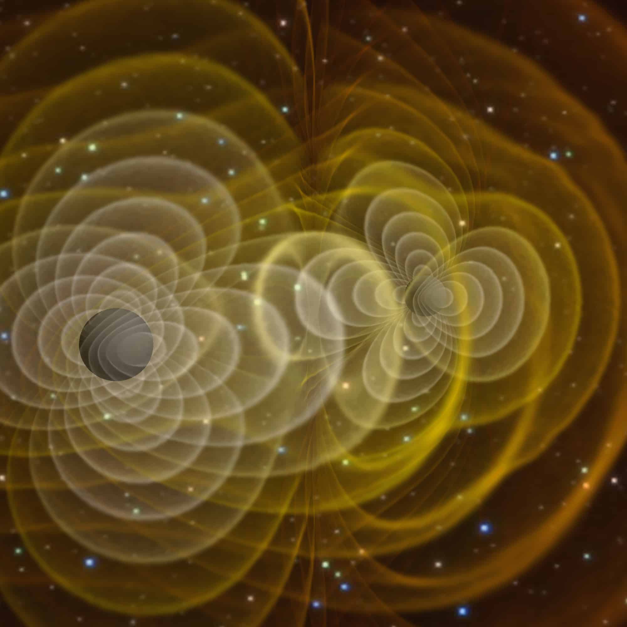 LIGO's vidsualisation of the gravity waves emitted by the orbiting black holes (known as 'inspiraling')