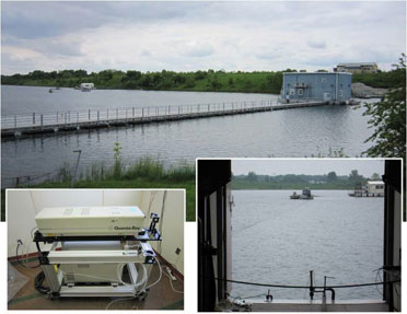 Housed in a floating structure, the Nd:YAG laser (bottom left) generates underwater acoustic pulses, which travel to a distant hydrophone equipped boat (bottom right)