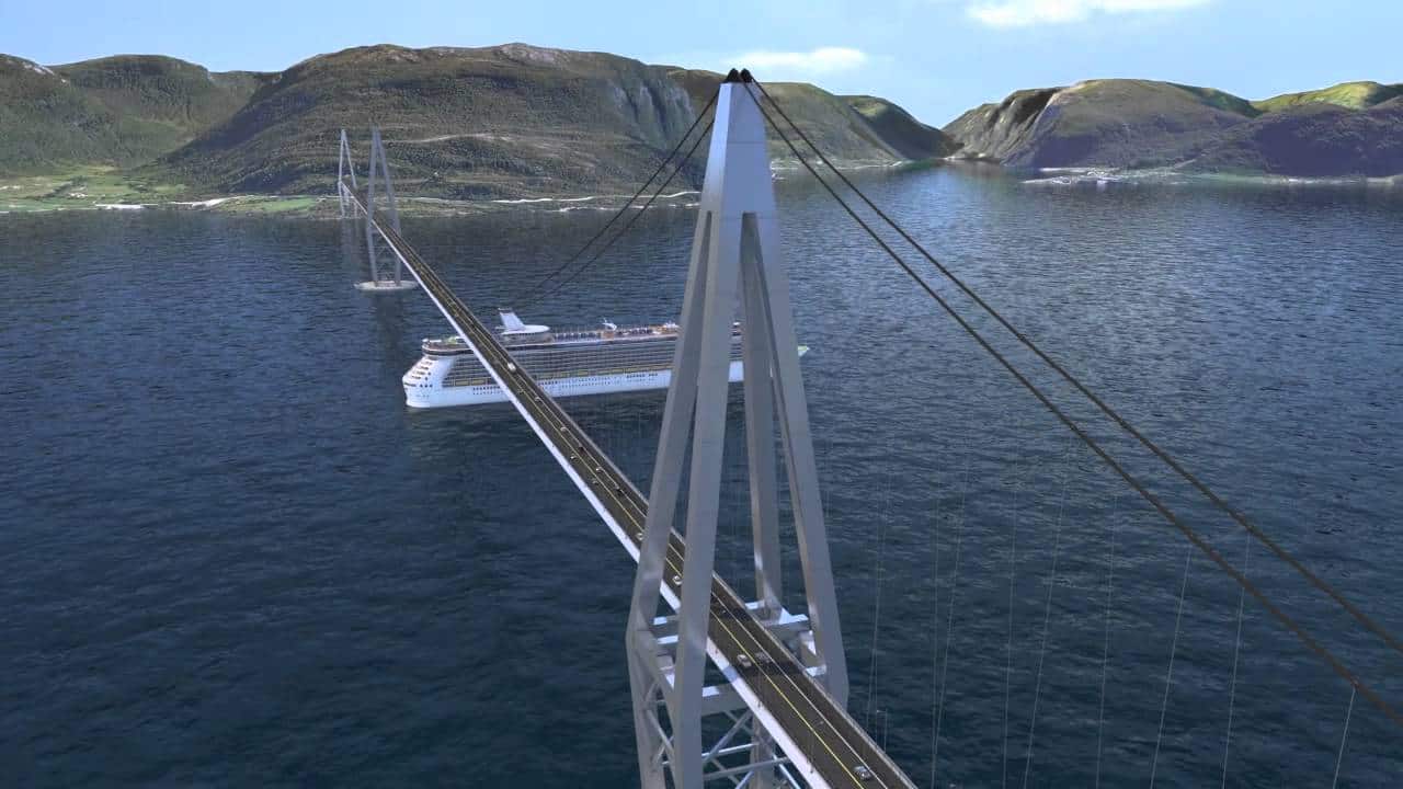 A concept rendering for the E39 fjord bridge in Nirway