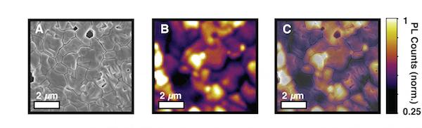 UW researchers used microscopy to identify inefficient regions in perovskite materials used in solar cells, as evidenced by dark areas in C