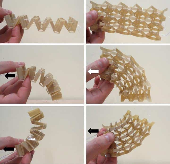 This is a demonstrator honeycomb changing shape in response to cable tension. The arrows indicate which cable is being pulled [Image: Bristol University]