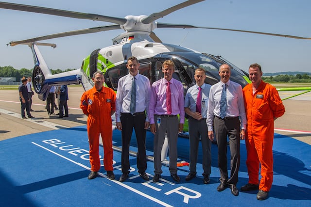 From left: Michael Schulz, experimental flight test engineer; Marius Bebesel program manager research and innovation in charge of the Bluecopter demonstrator; Jean-Brice Dumont, executive vice president engineering Airbus Helicopters; Stefan Thomé, head