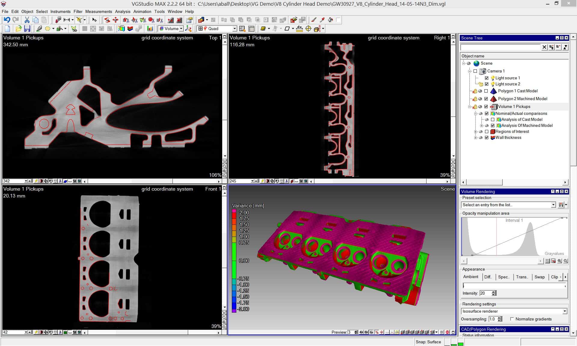 The output from G&W's CT scanner. In the false-colour image bottom left, he red areas show here material has to be removed from the scanned part to give the required dimensions 