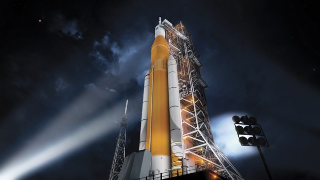 Orion crew and support modules with upper stage of SLS