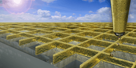 Using a type of electrohydrodynamic ink-jet printing scientists can create a grid of ultra fine gold walls. (Visualisations: Ben Newton / Digit Works)