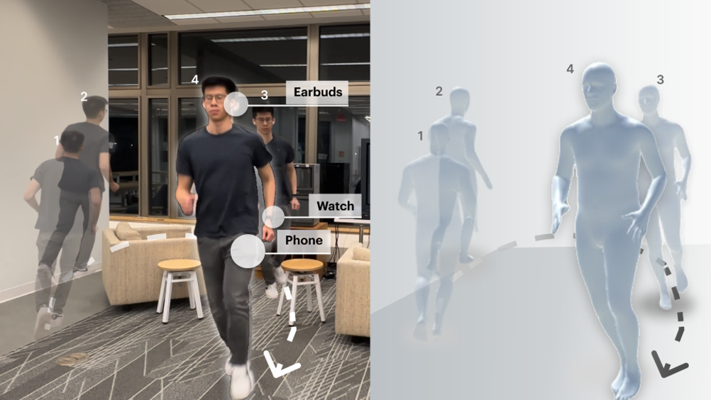 Side-by-side image of a real-life scenario next to the motion-capture video generated by MobilePoser