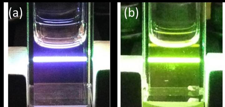 Photographs of upconversion in a cuvette containing (a) an optimized cadmium selenide /9-ACA/DPA and (b) a cadmium selenide /ODPA/DPA mixture.