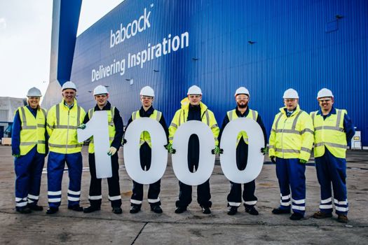 Minister for defence procurement, James Cartlidge, and Babcock CEO David Lockwood, with apprentices and production support operatives at Rosyth