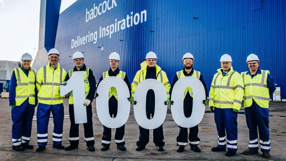 Minister for defence procurement, James Cartlidge, and Babcock CEO David Lockwood, with apprentices and production support operatives at Rosyth