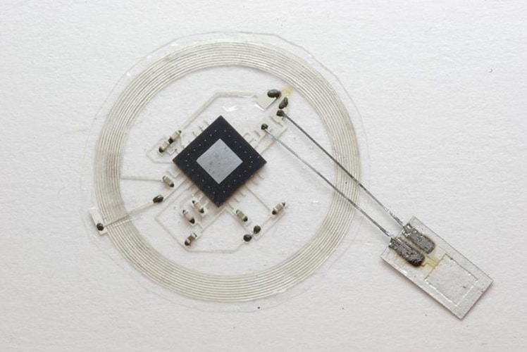 The small sensor connects to an embeddable wireless transmitter that lies on top of the skull (Image courtesy John A. Rogers)