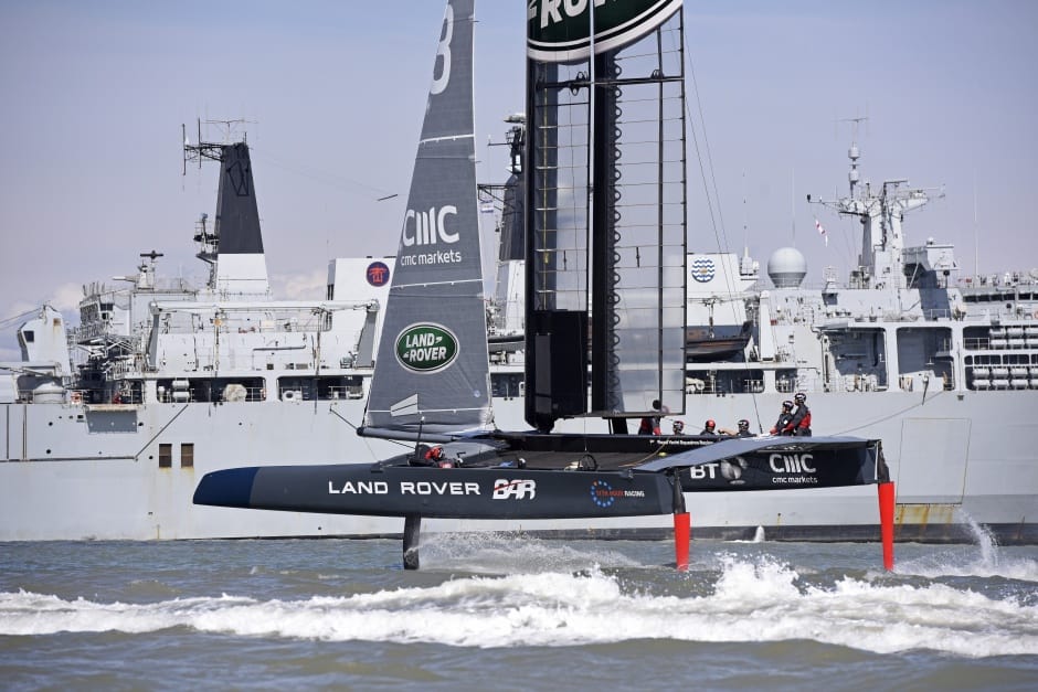 12 April 2016 Land Rover BAR sailing T3 for the first time off Portsmouth UK. Photo: Rick Tomlinson/Land Rover BAR