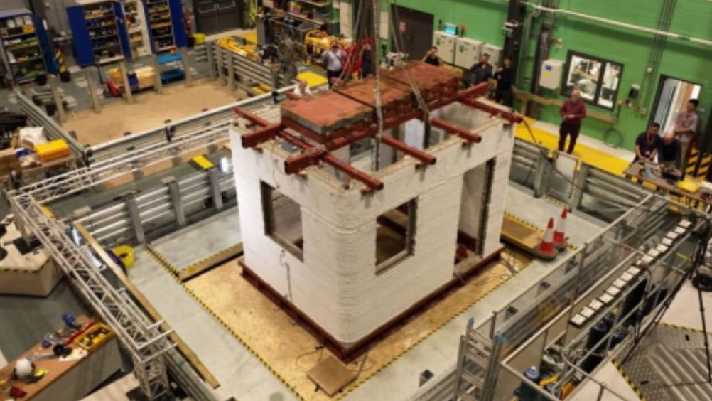 The 3D printed concrete building ready for testing