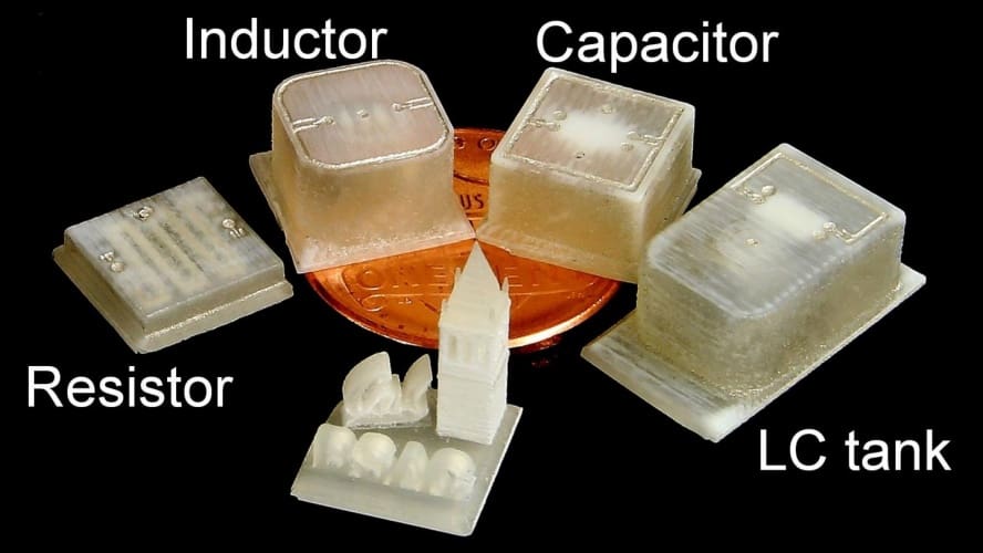 Engineers created a range of 3-D-printed electrical components, including an electrical resistor, inductor, capacitor and an integrated inductor-capacitor system