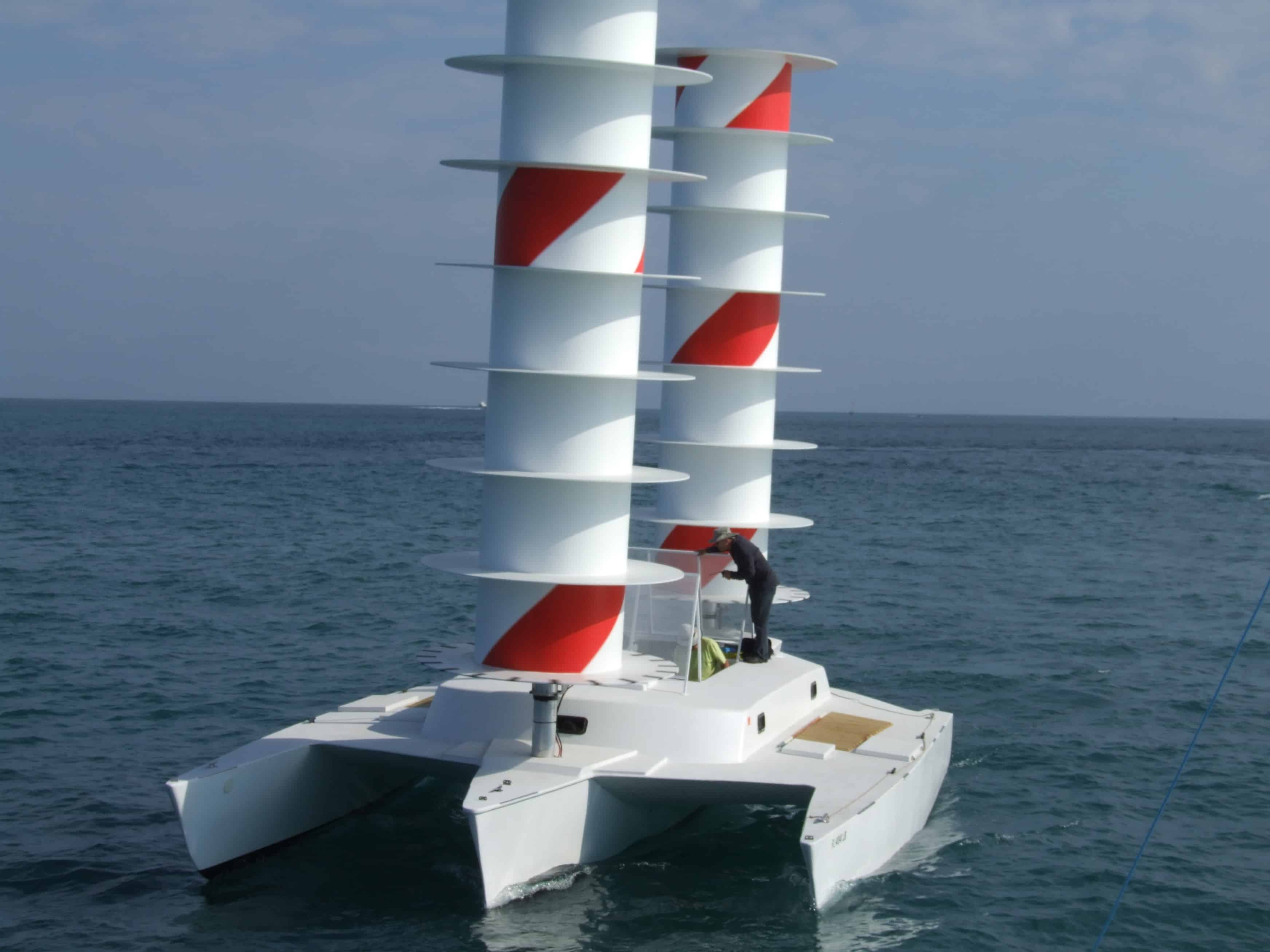 The experimental Flettner rotor craft Cloudia, developed at Edinburgh University as part of Stephen Salter's geoengineering project