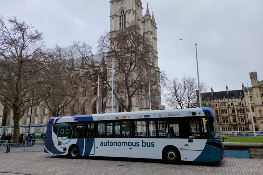 The UK's first driverless bus, parked outside the QEII conference centre during SMMT Connected