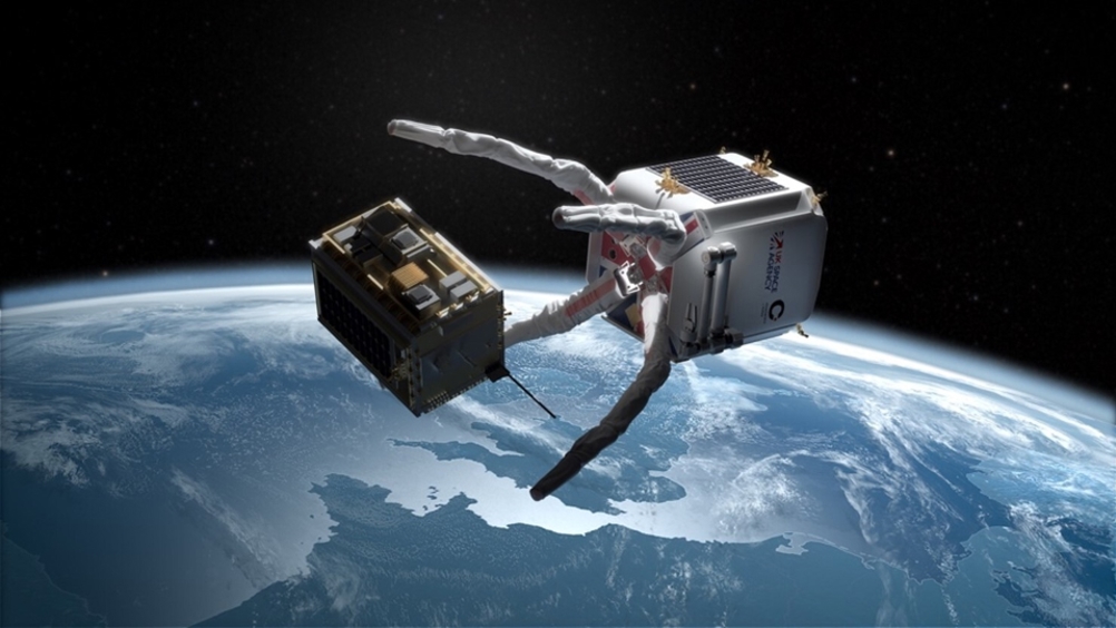 Artistic impression of the CLEAR servicer capturing a derelict satellite