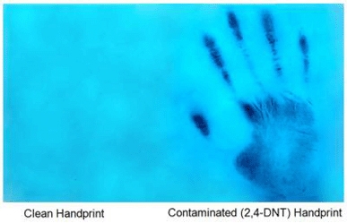 This image shows detection of particulate explosives on a contaminated hand using the novel electrospun pyrene film