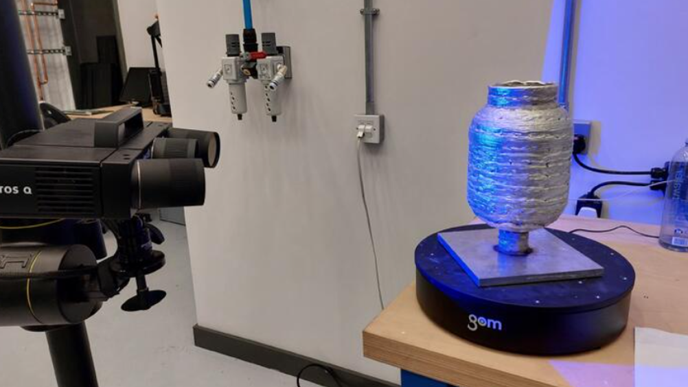 The WAAM built tank being 3D scanned for distortions and overbuilds