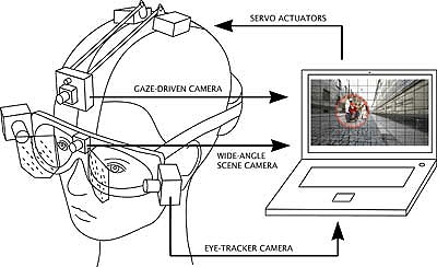 EyeSeeCam is a head-mounted gaze-driven camera that is controlled by eye movements. The video files contain an approximation of the retinal content and are recorded to the hard disk of a portable laptop computer.