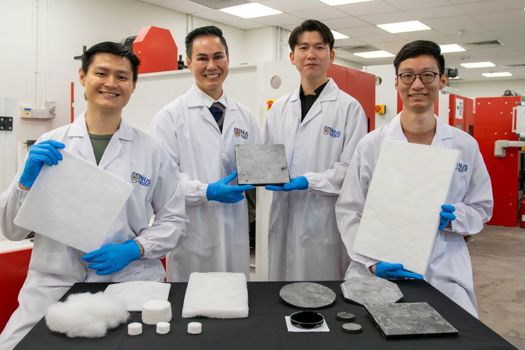 Assoc Prof Duong Hai-Minh (second from left) and his team – Mr Goh Xue Yang (first from left), Mr Nguyen Tan Luon (third from left), and Mr Bai Tianliang (extreme right) – from NUS Dept of Mechanical Engineering developed innovative aerogels for radiative cooling (white aerogels) and absorption of electromagnetic waves (grey aerogels)