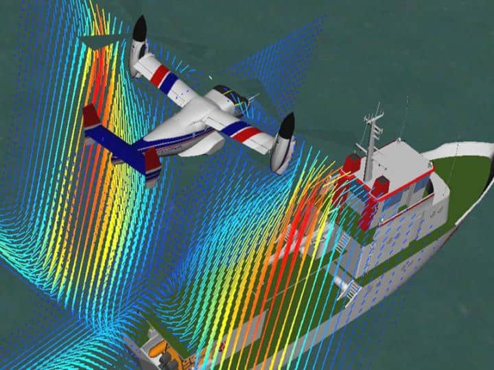 Air flows combine around rotorcraft and moving ships to create sudden turbulence 