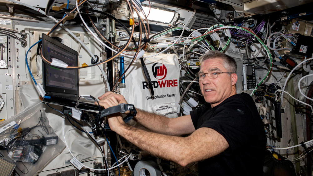 Astronaut Stephen Bowen works with the BioFabrication Facility aboard the ISS