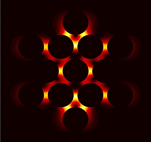 By arranging optically tuned gold discs in a closely spaced pattern, Rice University scientists created intense electrical fields and enhanced the nonlinear optical properties of the system. Here a computer model displays the plasmonic interactions that g