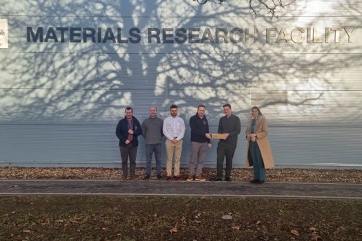 A specimen of ‘fusion grade’ silicon carbide composite made by KF in Japan, being handed over to UKAEA for experimentation. L-R: Dr Alex Leide (UKAEA), Dr Max Rigby-Bell (UKAEA), George Clark (UKAEA), Dr James Wade-Zhu (UKAEA), Andy Wilson (Kyoto Fusioneering), Vojna Ngjeqari (Kyoto Fusioneering)
