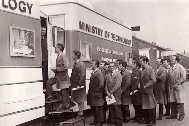 Engineers boarding the mobile cinema in the 1960s