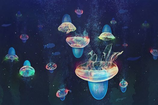 This artwork depicts a smack (group) of biohybrid robot jellyfish in the sea