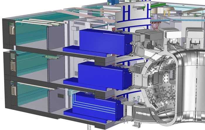 Cutaway diagram showing casks at three levels of the ITER tokamak complex