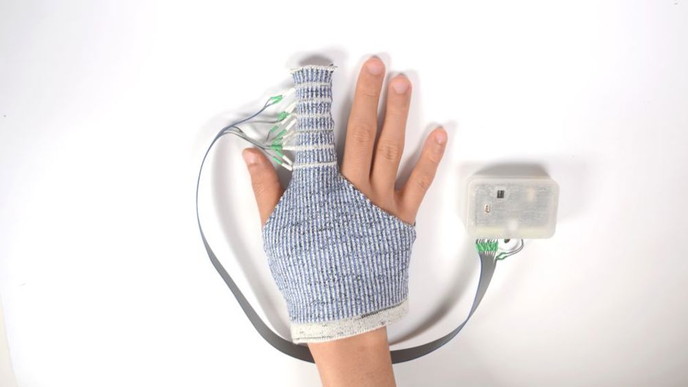 KnitDema is a robotic textile device that allows sequential compression from distal to proximal finger phalanges for mobilising edema
