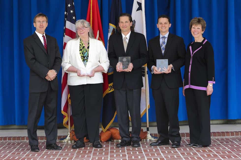 Debra R. Rolison (2nd from left), Jeffrey W. Long (center), and Joseph F. Parker (4th from left) 