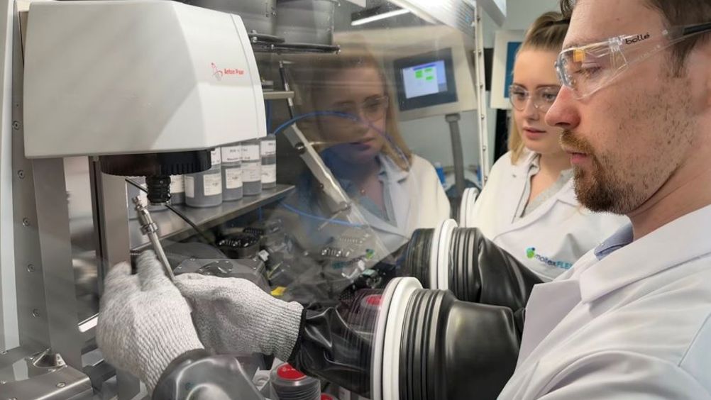 MoltexFLEX chemists Dr James Moffat and Beth Mapley working with the rheometer 