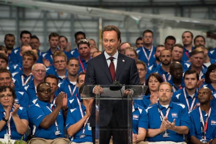 Airbus CEO Fabrice Brégier speaks at the inauguration.