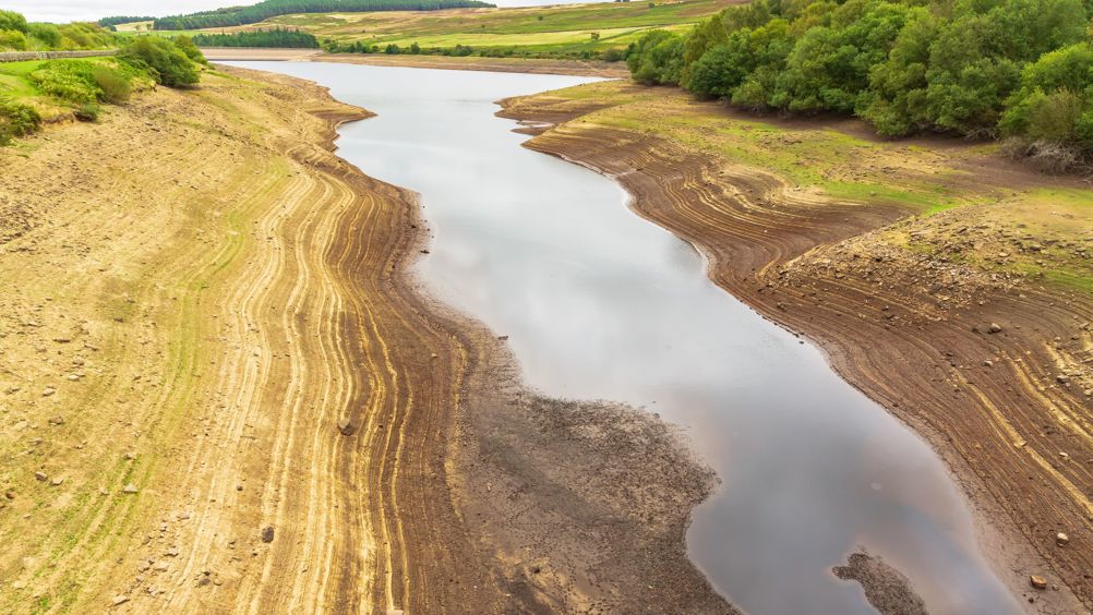 Leighton Reservoir in Nidderdale, North Yorkshire, UK, with very low water levels following a prolonged heatwave and no rainfall