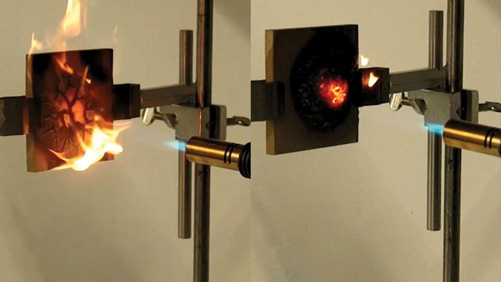 The new epoxy resin is flame retardant due to its phosphorus content, as seen on this burn test of an untreated MDF sample (left) compared to a sample coated in the new polymer