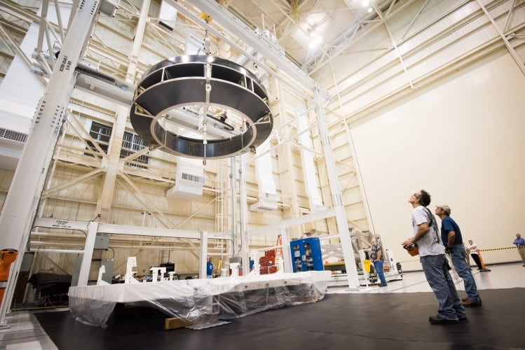 Lockheed Martin technicians lift the Orion Crew Module Adapter Structural Test Article at NASA Glenn Research Center’s Plum Brook Station. The adapter will connect Orion’s crew module to a service module provided by ESA